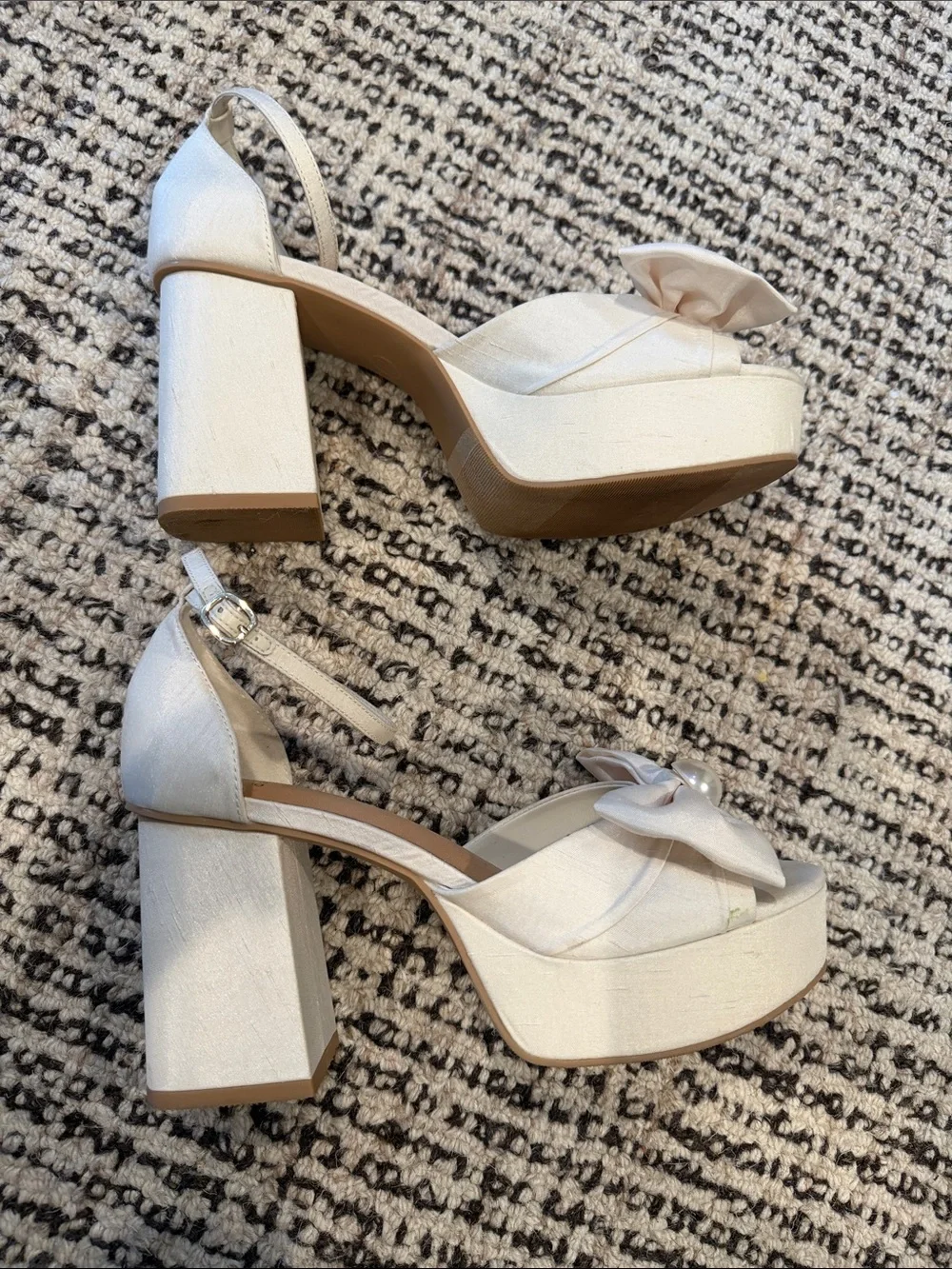 New Day Cream Bow Platform Sandals with Pearl Accent